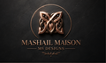 A luxury logo design for Mashail Maison by MS Designs, featuring an ornate metallic bronze butterfly emblem inside a thin circular frame, with the brand name in elegant serif typography below on a dark textured background.