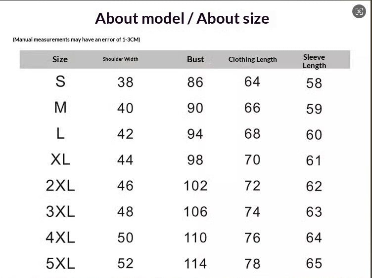 Size chart for clothing with measurements in centimeters