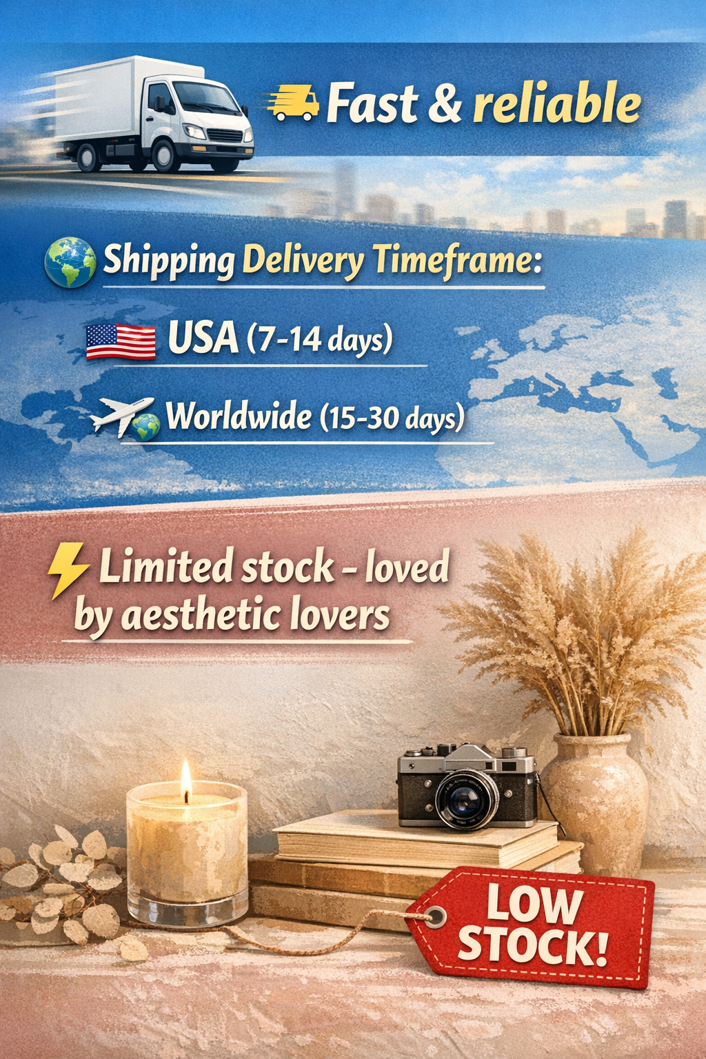 Advertisement for shipping services with delivery timeframe and stock status displayed.