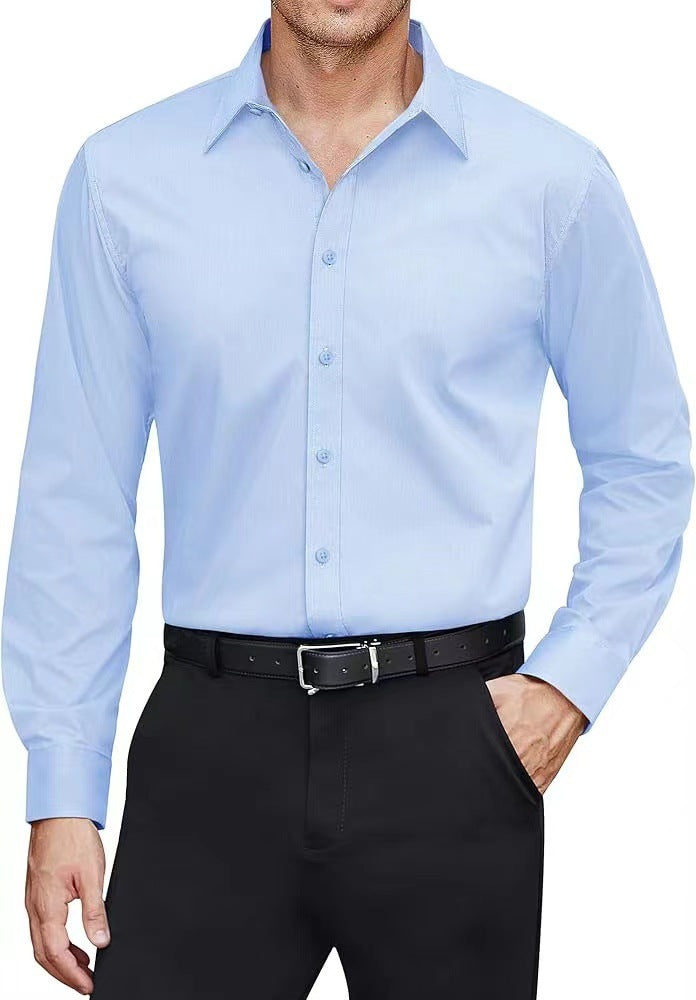 Man wearing a light blue dress shirt and black pants on a white background