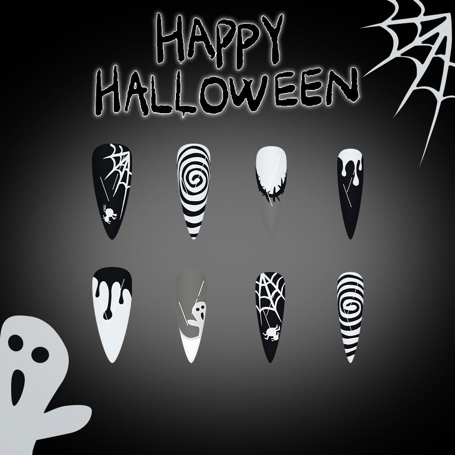 Halloween-themed nail art designs on a dark background with 'Happy Halloween' text.