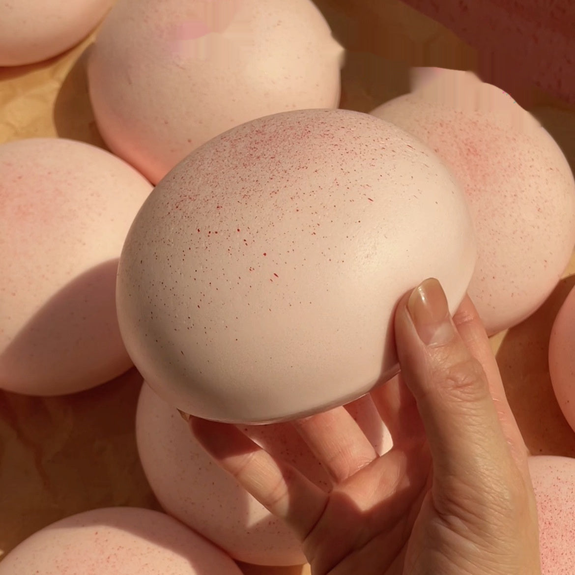 Hand holding a pink textured sphere among other similar spheres on a soft pink background