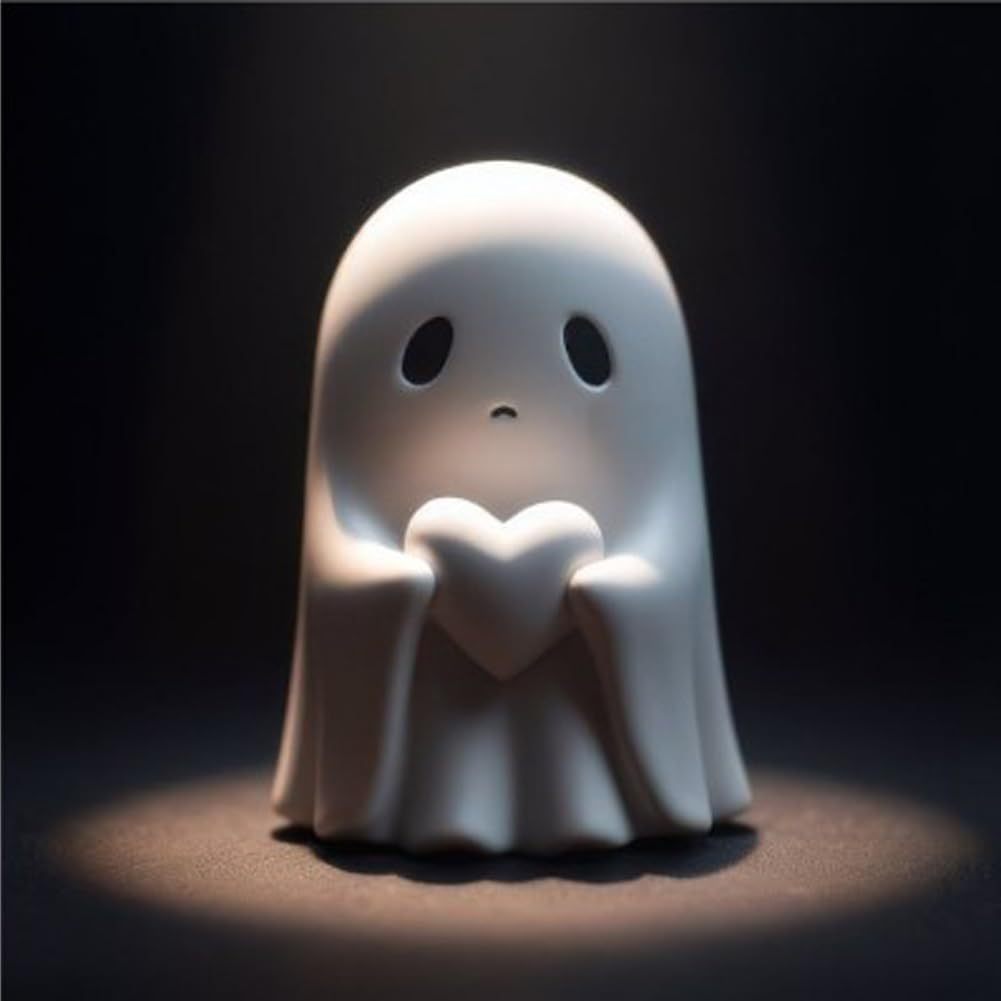 Cute ghost figurine holding a heart shape in a dark setting