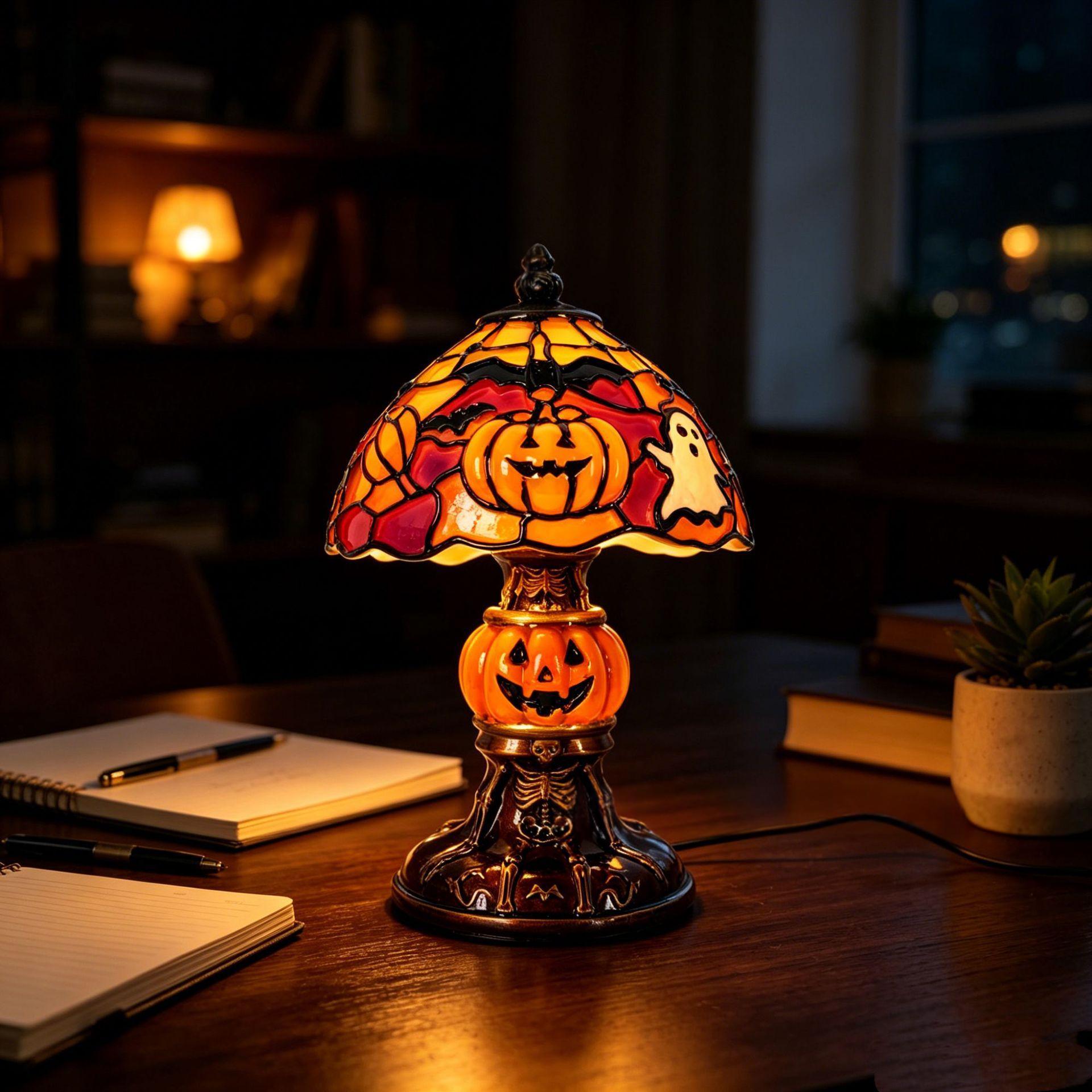 A stained-glass style Halloween table lamp with a pumpkin and ghost design, glowing warmly on a wooden desk in a cozy room setting.