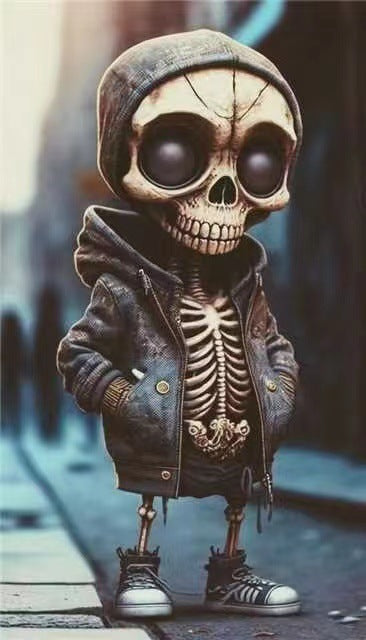 Cartoon skeleton character wearing a jacket with a hood and sneakers on a blurred background