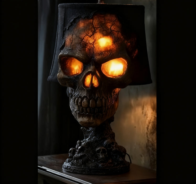 A gothic skull table lamp with a black fabric shade, featuring a detailed skull sculpture with glowing orange light inside its eye sockets and cracked bone texture on the crown, set on a dark wooden surface.