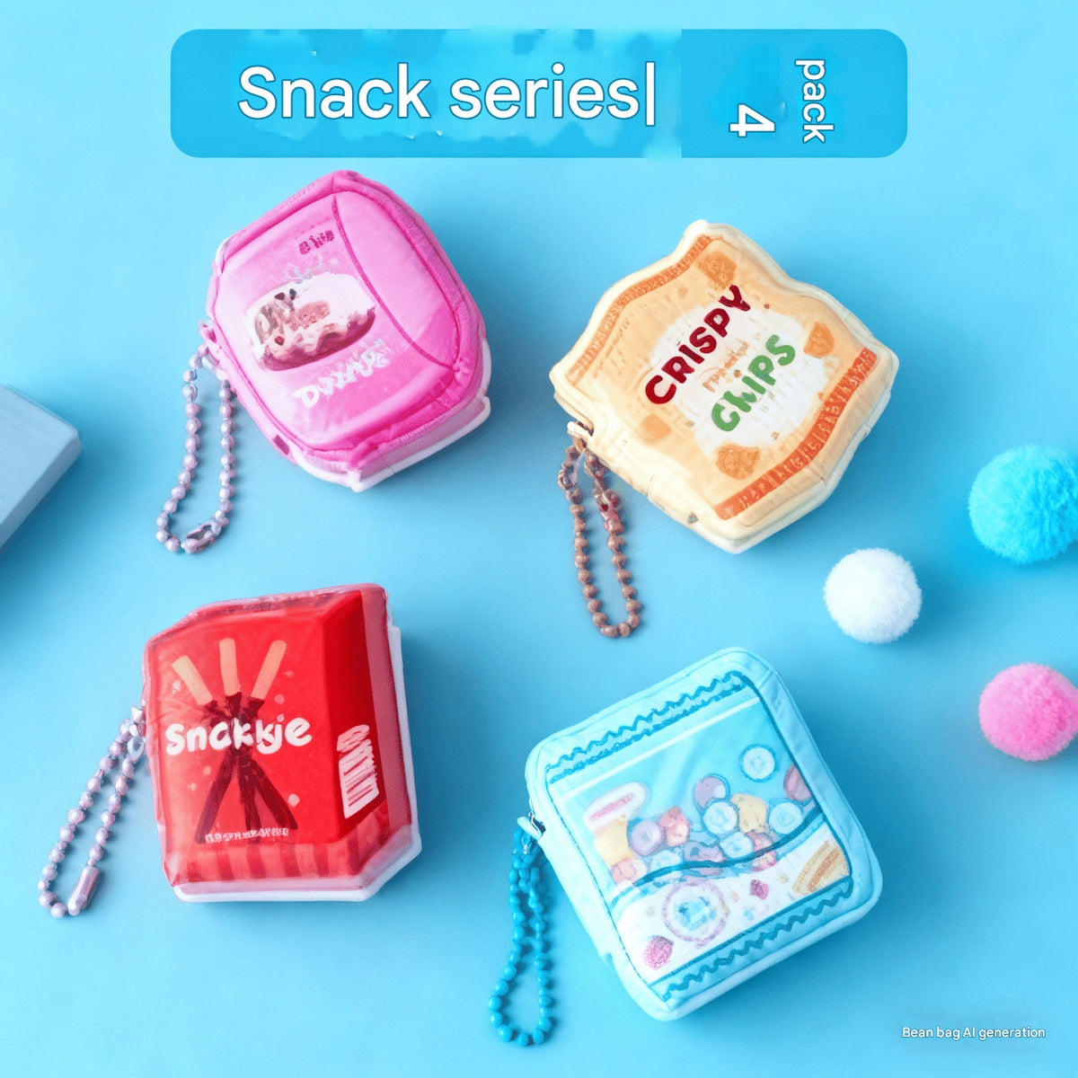 Four colorful snack-themed pouches on a blue background with 'Snack series' text.