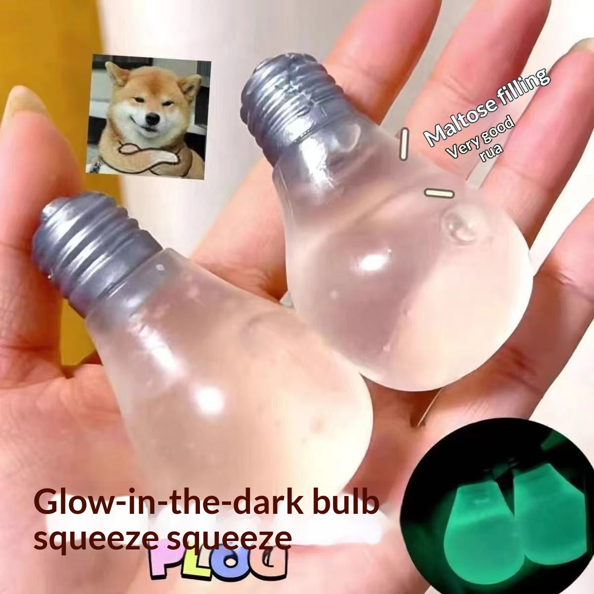 Two squeeze bulb light bulbs held in a hand, with text reading 'Glow-in-the-dark bulb squeeze squeeze' and a small inset showing a dog meme. One bulb is labeled 'Maltose filling Very good taste.