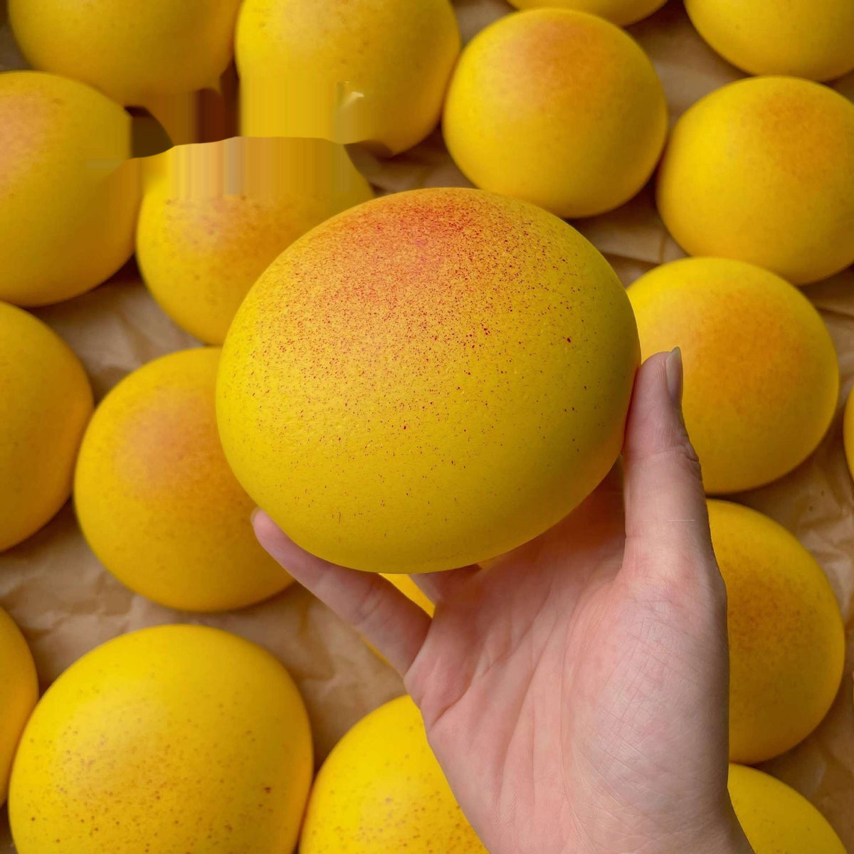 Hand holding a yellow fruit surrounded by more fruits on a brown surface