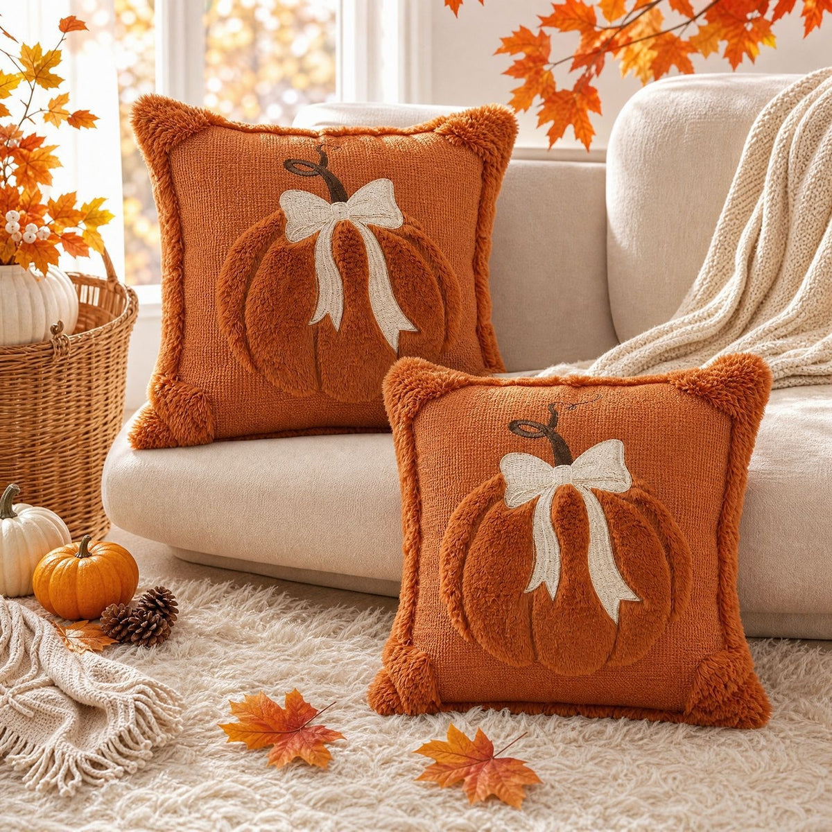 Two orange pumpkin pillows with white bows on a beige couch, surrounded by autumn decor.