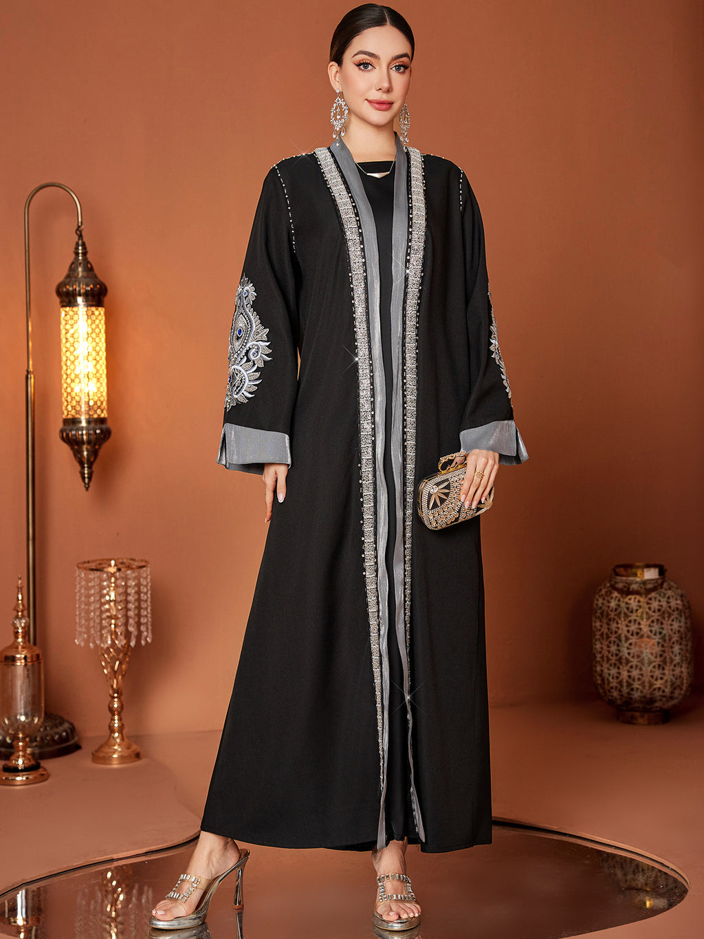 Plus Size Handmade Embroidery Rhinestone Abaya | Elegant Middle Eastern Maxi Dress