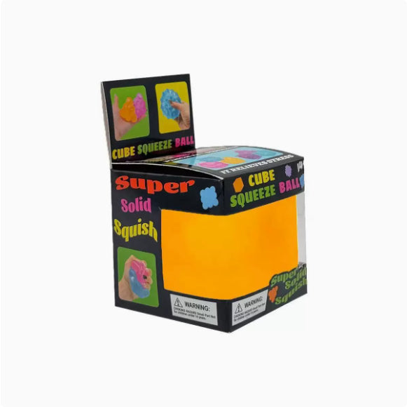 Box of Super Solid Squish Cube Squeeze Ball with colorful graphics on a white background