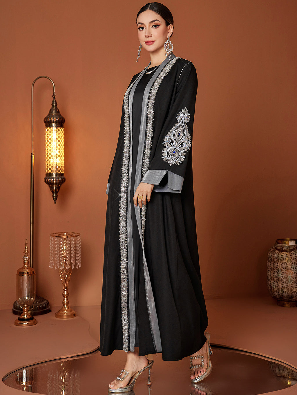 Plus Size Handmade Embroidery Rhinestone Abaya | Elegant Middle Eastern Maxi Dress