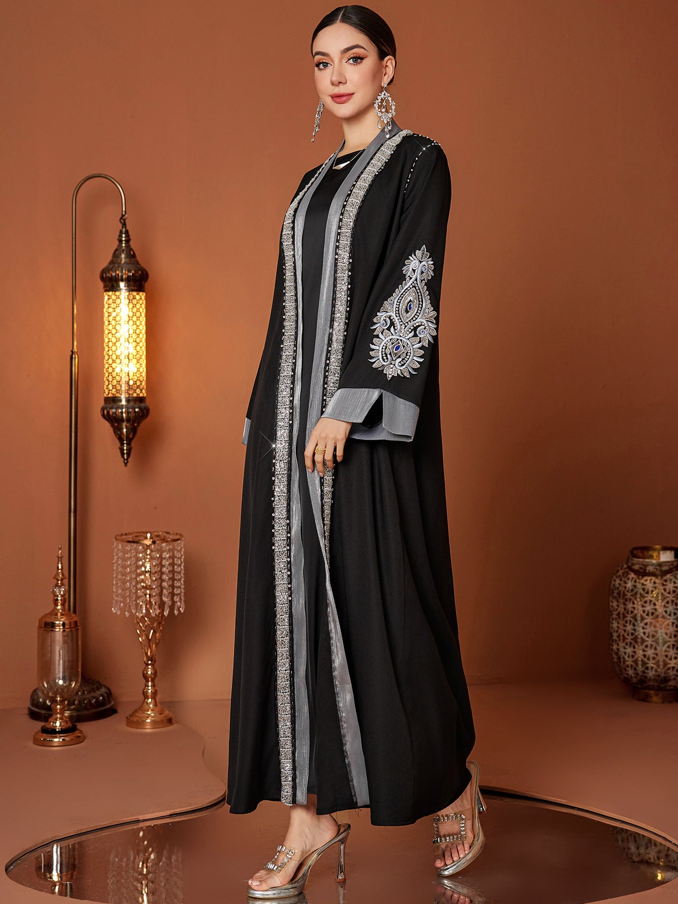 Plus Size Handmade Embroidery Rhinestone Abaya | Elegant Middle Eastern Maxi Dress