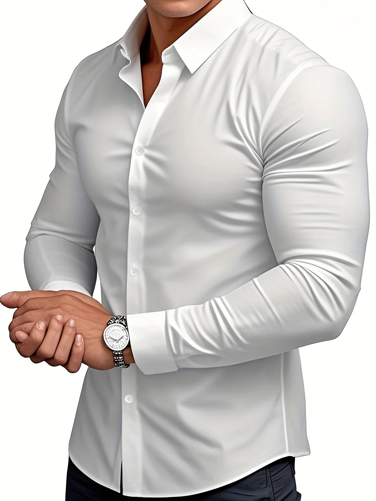 White dress shirt worn by a person on a white background