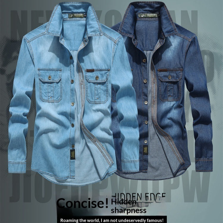 Two denim shirts displayed side by side on a gray background with text overlay.