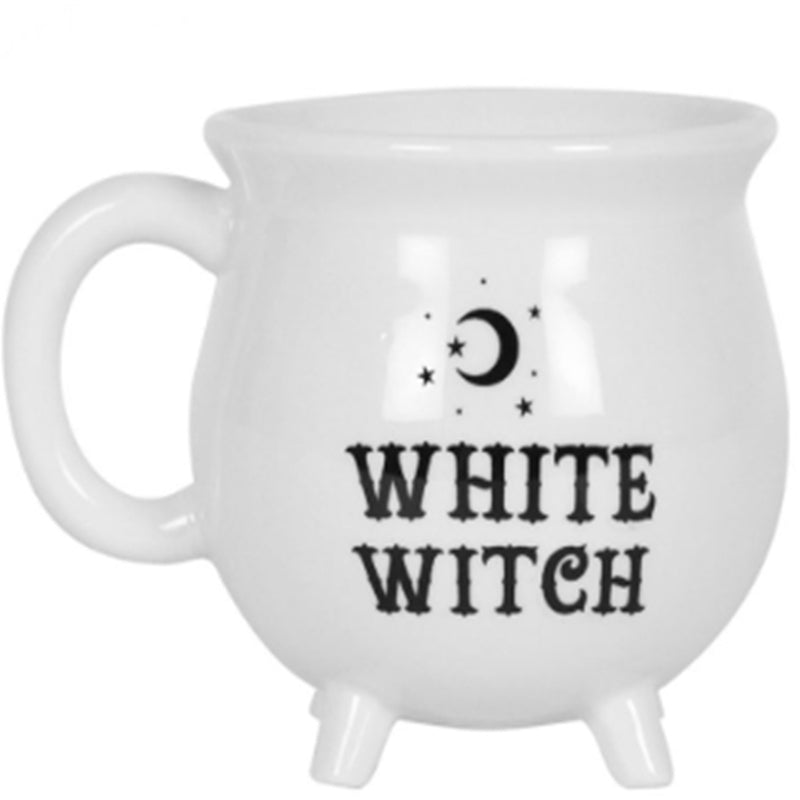 White ceramic mug with 'White Witch' text and moon design on a white background