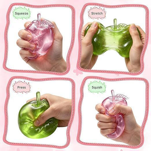 Four stages of a stress ball being squeezed, stretched, pressed, and squished on a pink background.