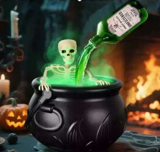 Halloween-themed scene with a skeleton in a cauldron, green liquid, and pumpkins.