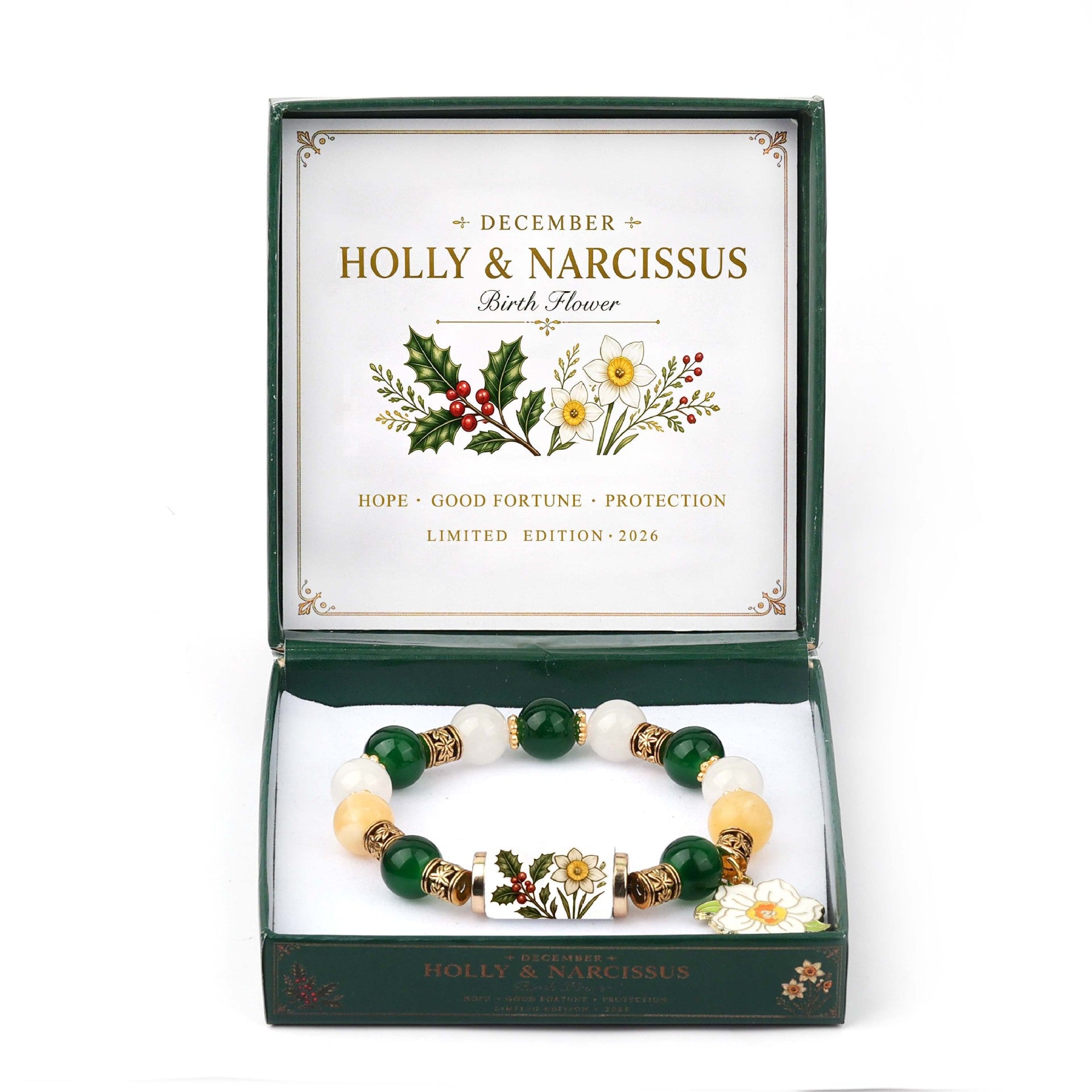 A personalized beaded bracelet presented in an open dark green gift box. The bracelet features green and cream beads with a central floral charm and a small white daisy.