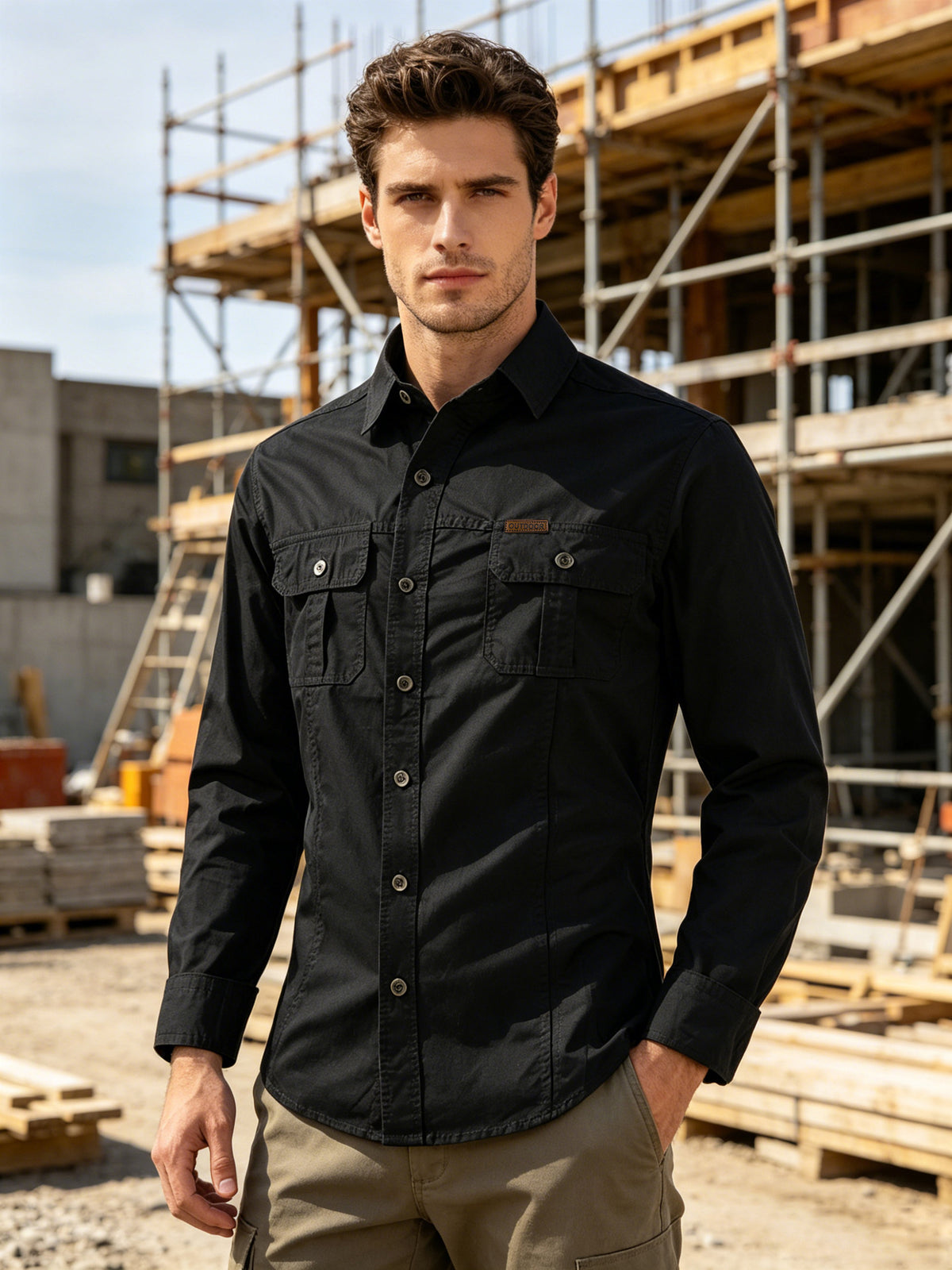 A man wearing a black long-sleeve button-up shirt with chest flap pockets, standing in front of a construction site background.