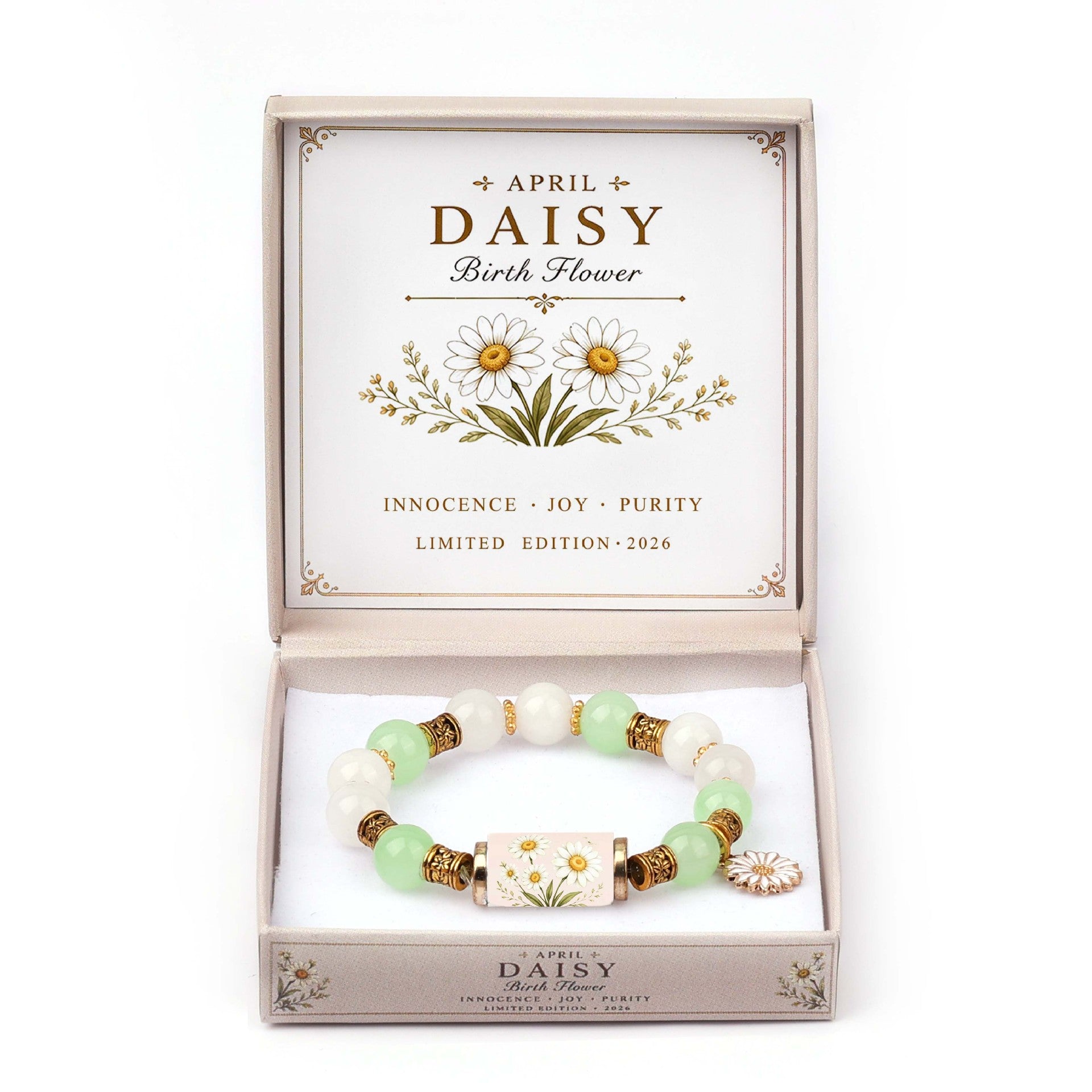 A beaded birth flower bracelet presented in an open gift box. The bracelet features light green and white beads with gold-toned spacer beads and a central floral charm.