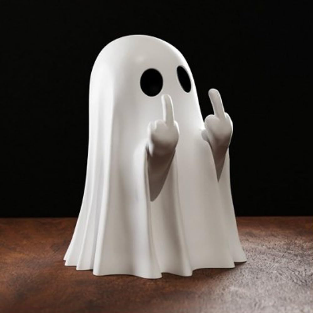 White ghost figurine with middle fingers on a dark background