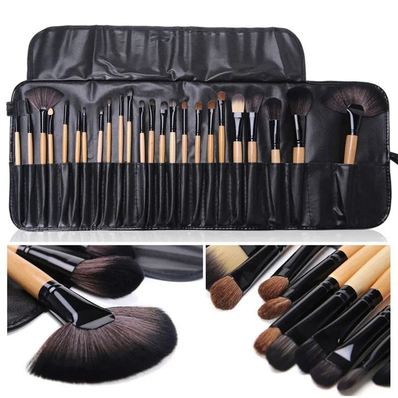 A 24-piece makeup brush set with black handles, black ferrules, and light wood handles, shown inside an open black faux-leather carrying case. The main image shows the set organized in the case, with two smaller detail images at the bottom showing close-ups of individual brushes.
