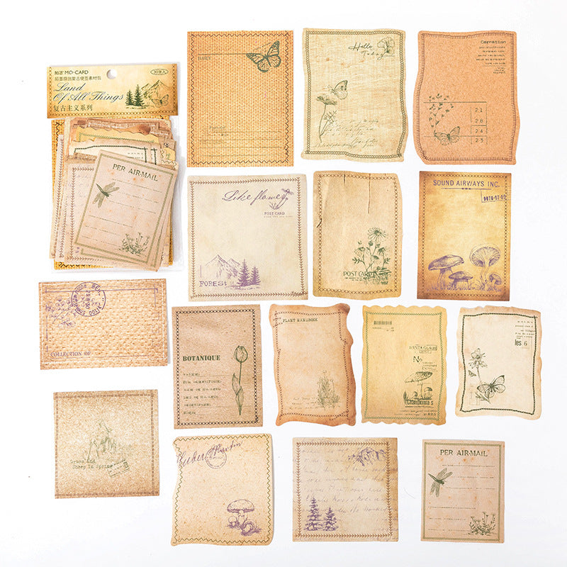 A collection of vintage-style paper labels, stamps, and postcards in warm beige, tan, and brown tones, featuring illustrations of butterflies, flowers, trees, and postage marks, arranged on a plain white background.