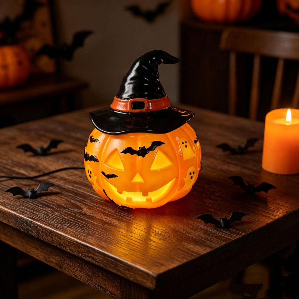 A glowing jack-o'-lantern Halloween lamp with a black witch hat sits on a wooden table, surrounded by small black bat decorations and a lit candle in a warm indoor setting.