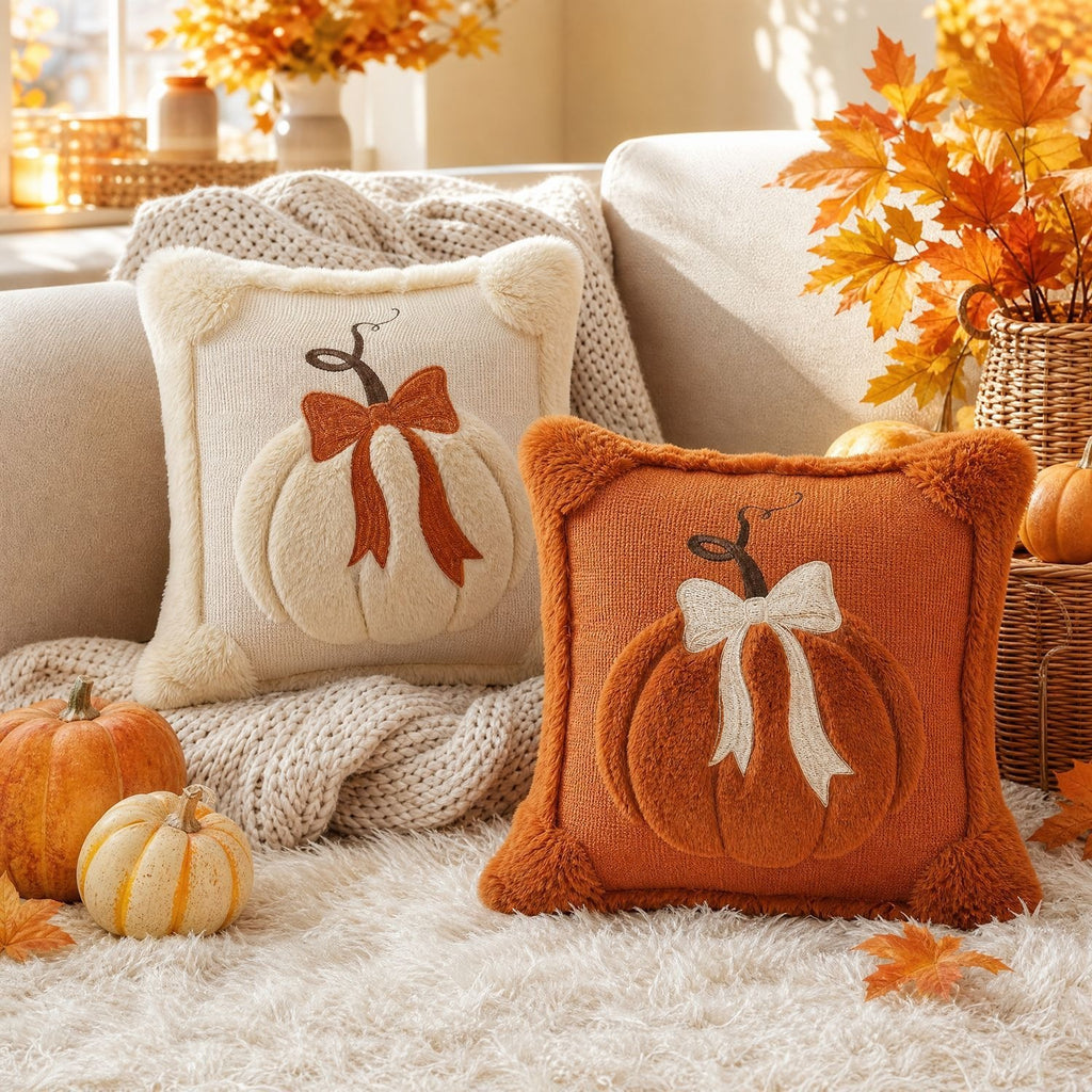 Decorative pillows with pumpkin and bow designs on a cozy living room couch with autumn decorations.