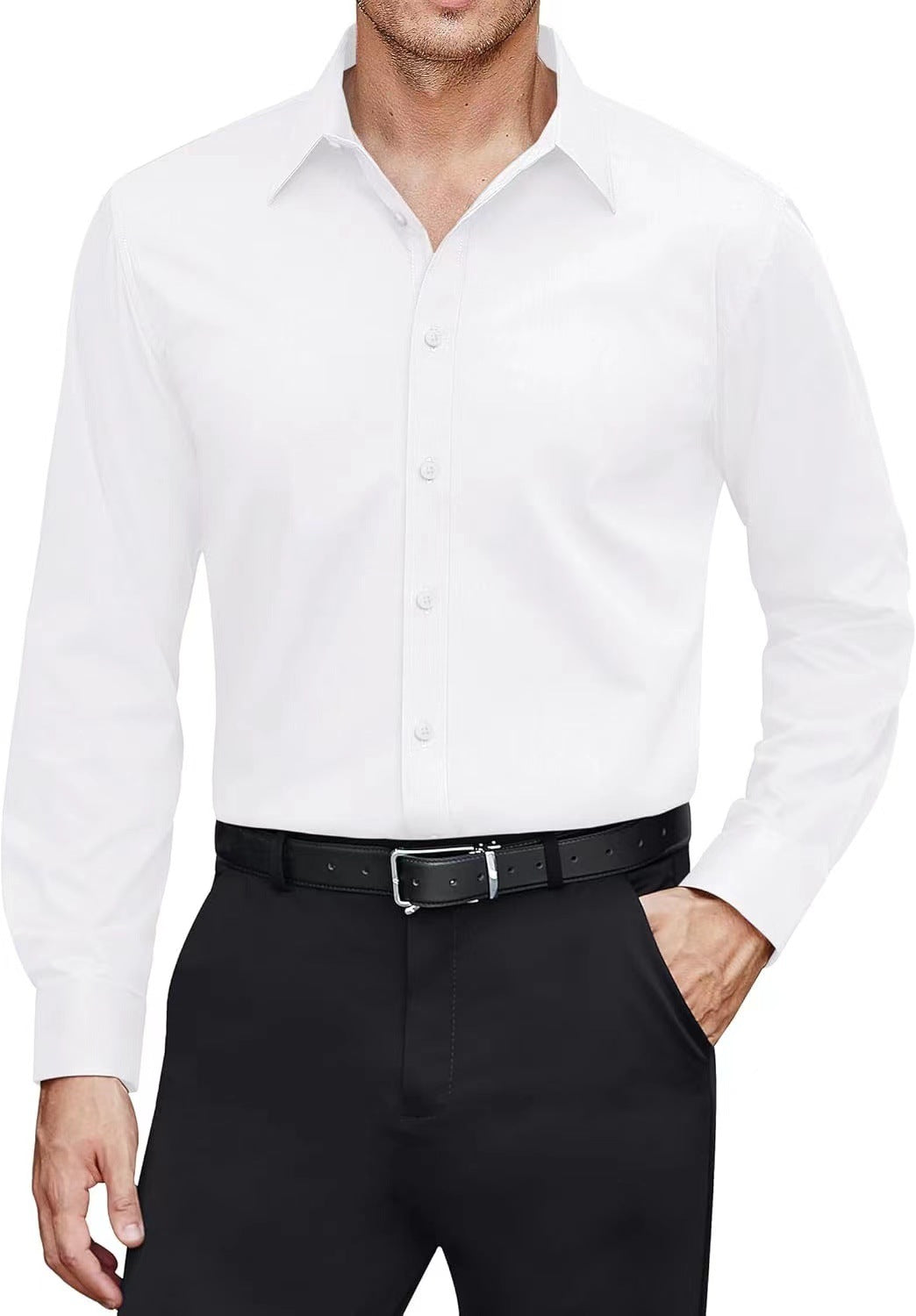 Man wearing a white dress shirt and black pants on a white background