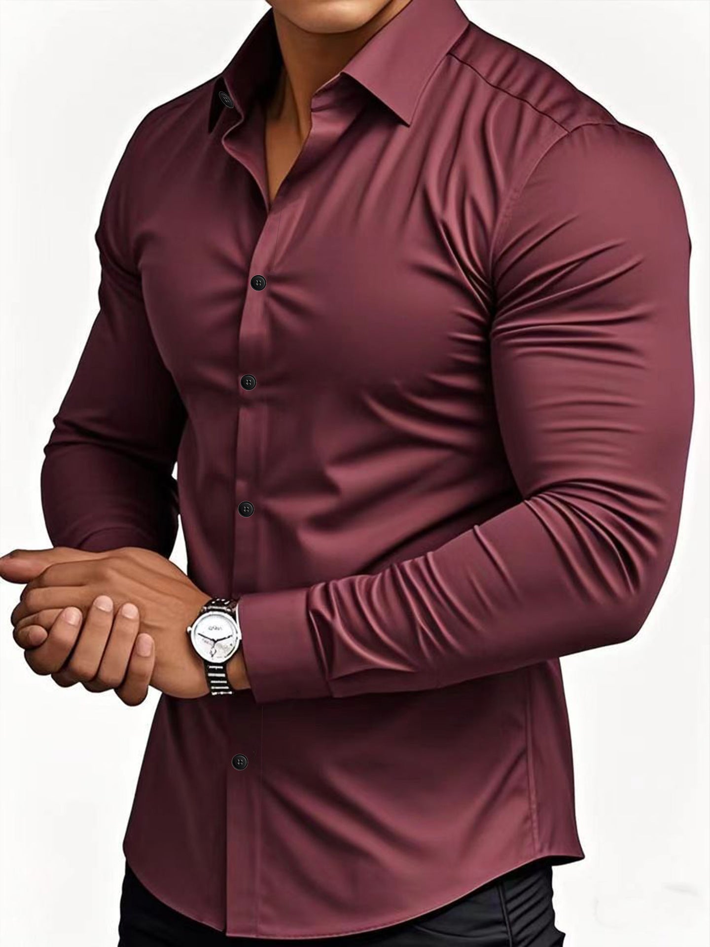 Maroon button-up shirt worn by a person on a white background