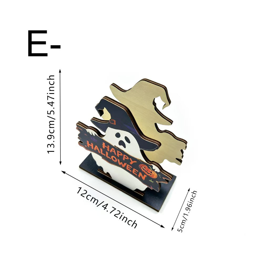 A Halloween-themed wooden tabletop decoration shaped like a witch's hat and ghost on a black base, with dimension labels showing 13.9 cm height, 12 cm width, and 5 cm depth on a white background.