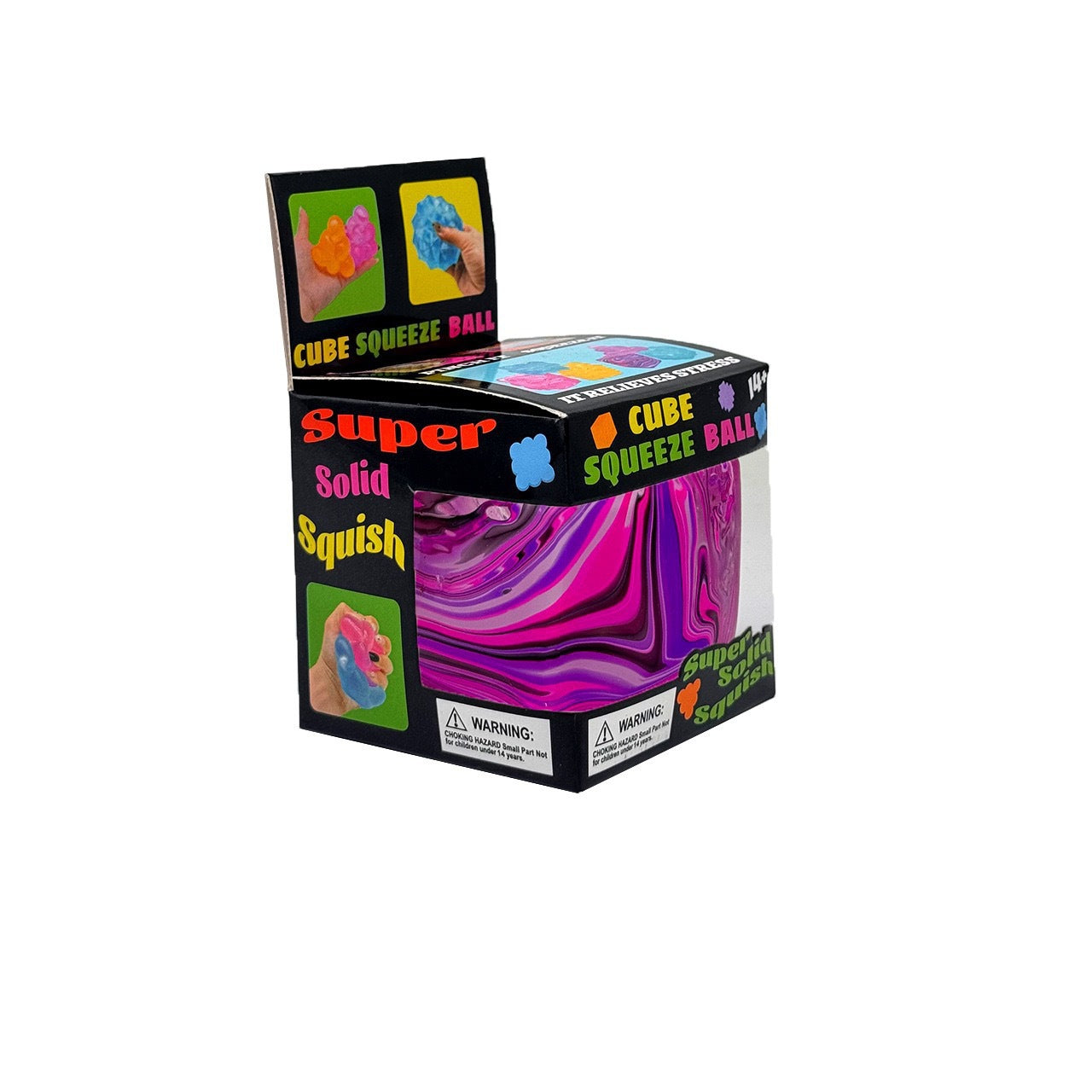 Box of Super Solid Squish cube squeeze ball on a white background
