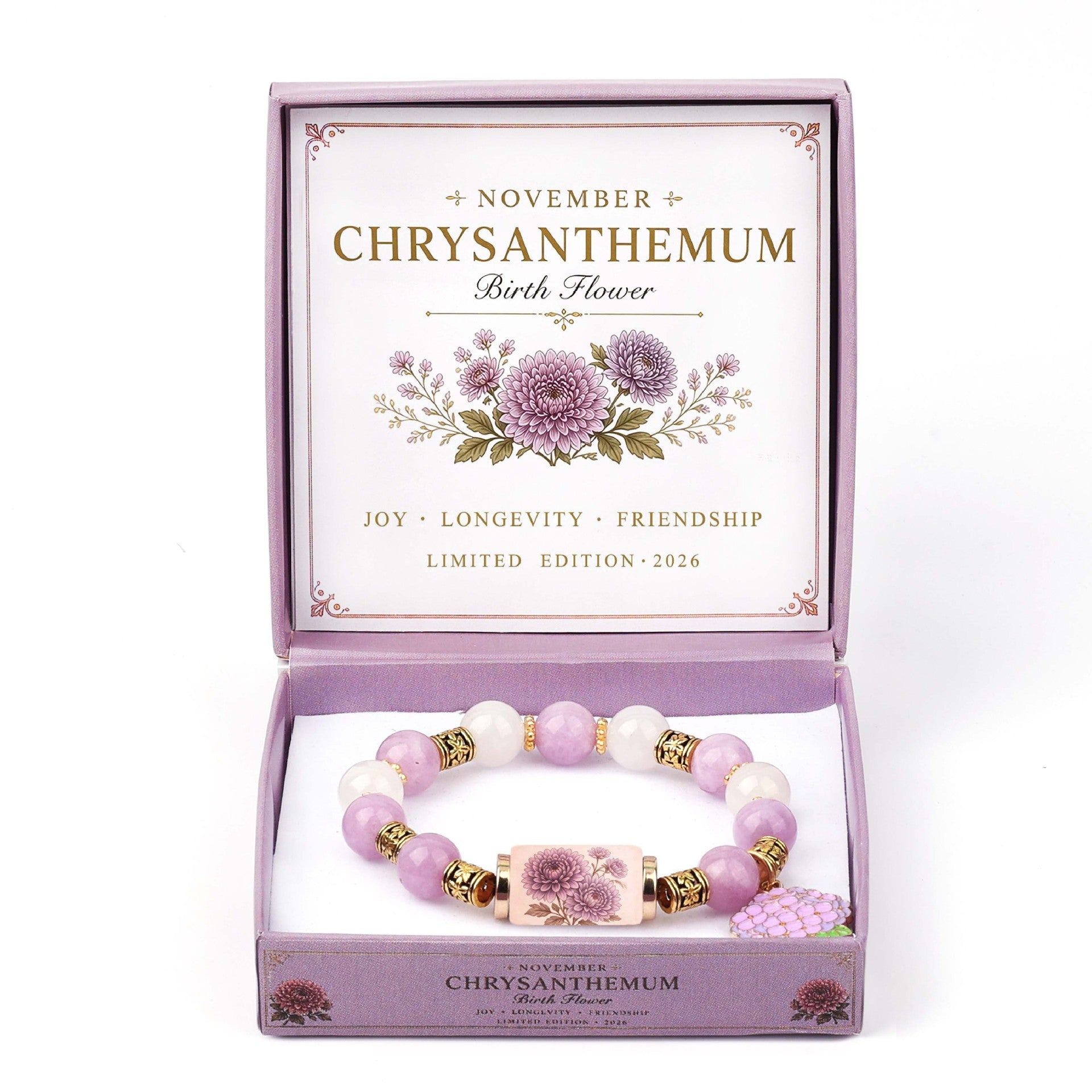 A Chrysanthemum-themed birthday gift box set featuring a lavender and white beaded bracelet with gold spacer beads and a central charm, presented in a purple box with a floral lid insert.
