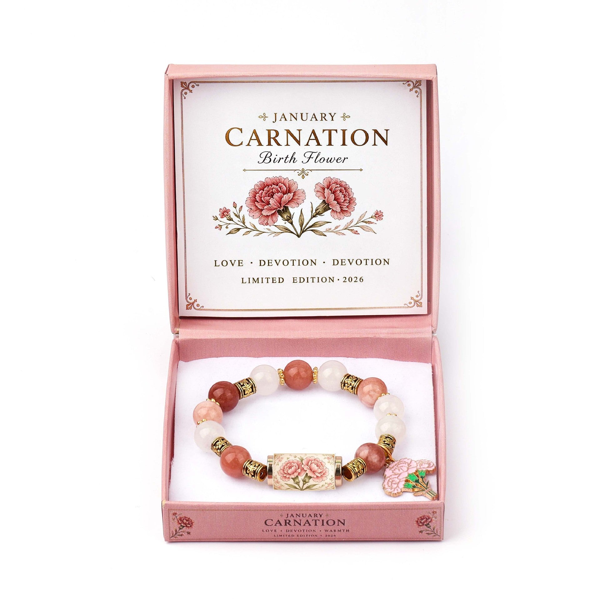 A beaded bracelet with pink and white stones and a floral charm, presented in a pink box labeled 'January Carnation Birth Flower' on a white background.