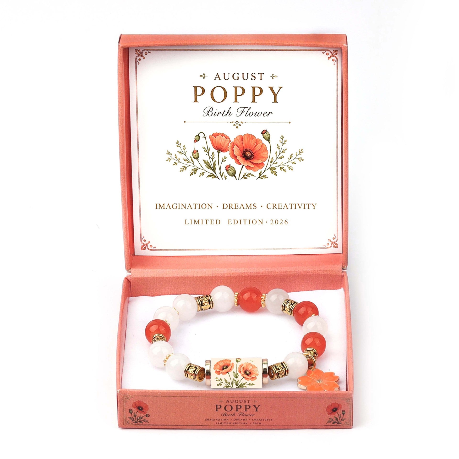 An August Poppy Birth Flower beaded bracelet presented inside its coral pink gift box. The bracelet features white and orange-red beads, gold spacer rings, and a central floral charm.
