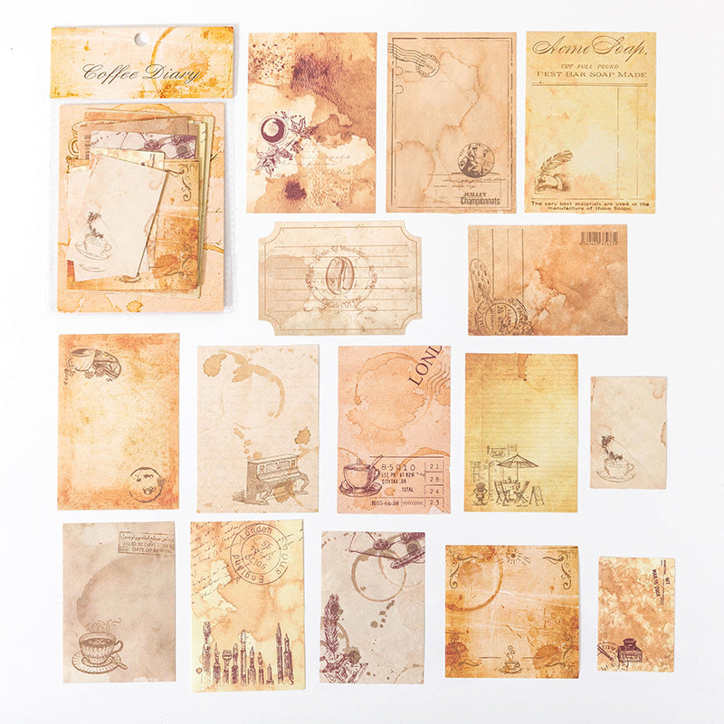 Collection of vintage-style stationery sheets with illustrations and text on a white background