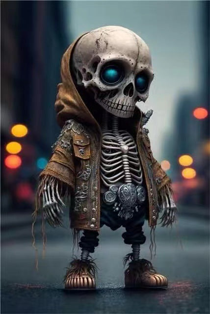 Skeleton character in a stylish outfit with a blurred cityscape background