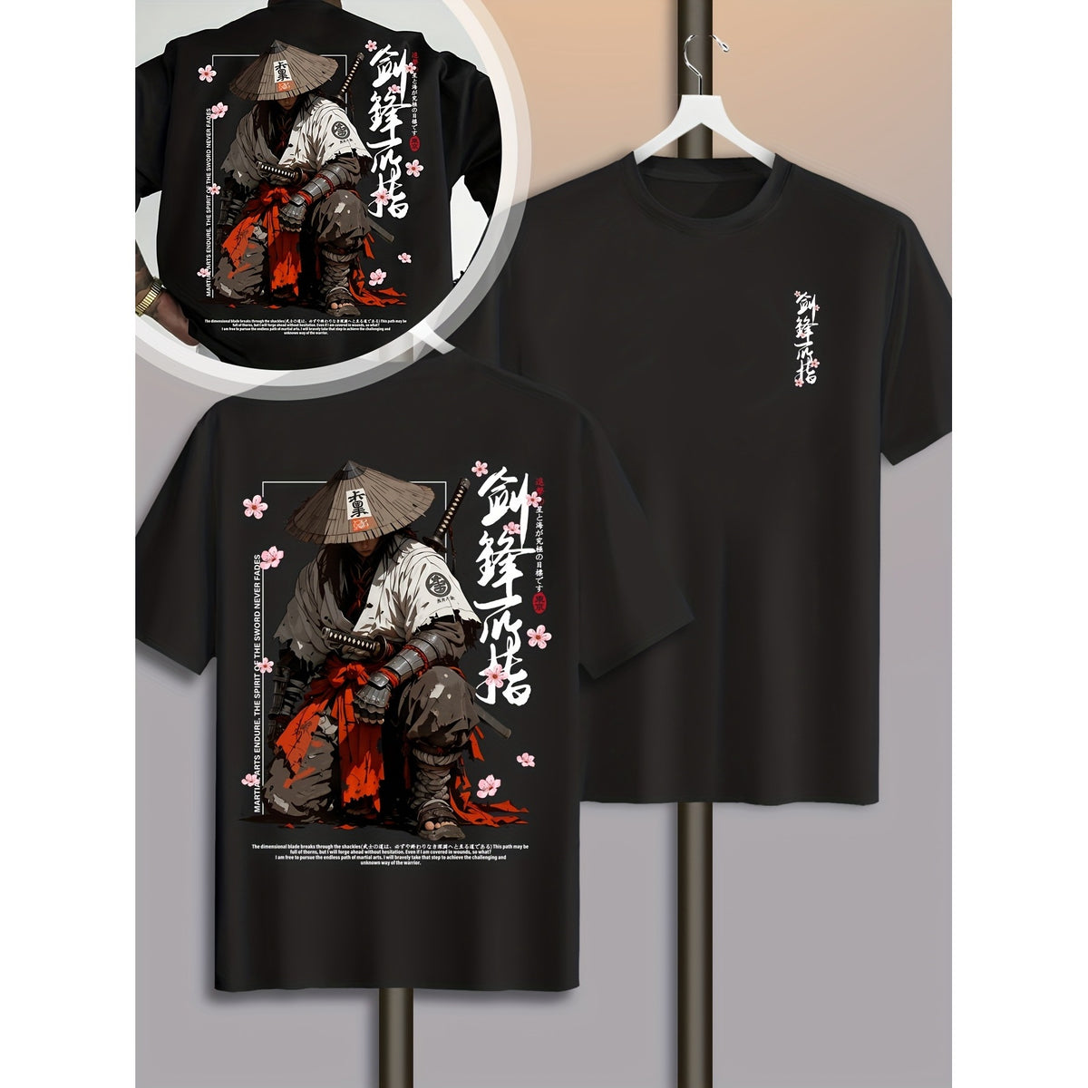 Black short-sleeve graphic T-shirt shown from front and back on hangers. The front has a small white vertical graphic on the left chest, and the back features a large illustrated samurai-style figure with a conical hat, red sash, and white Japanese calligraphy with pink cherry blossom accents.