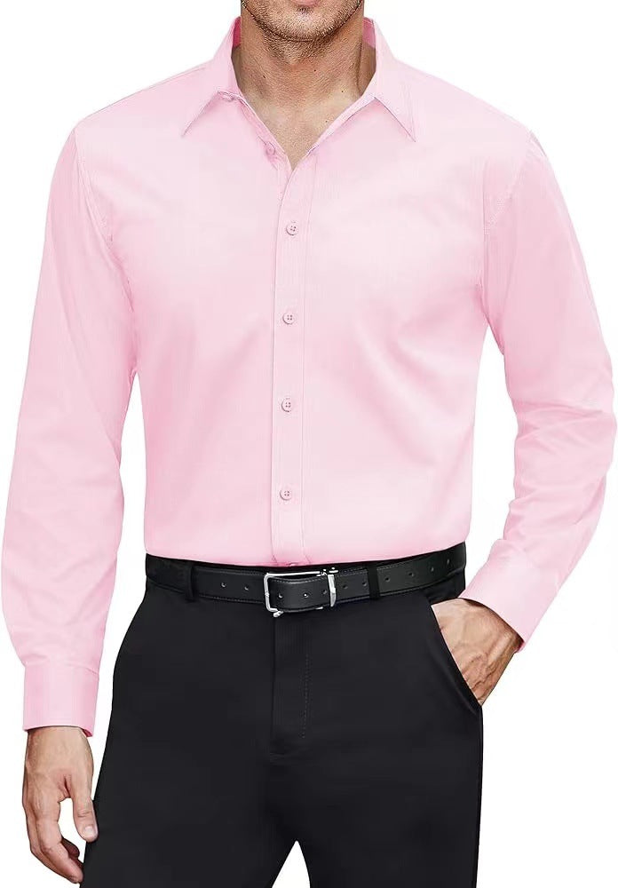 Man wearing a pink dress shirt and black pants on a white background
