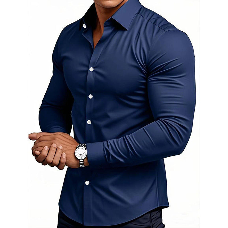 Person wearing a blue dress shirt with a white background