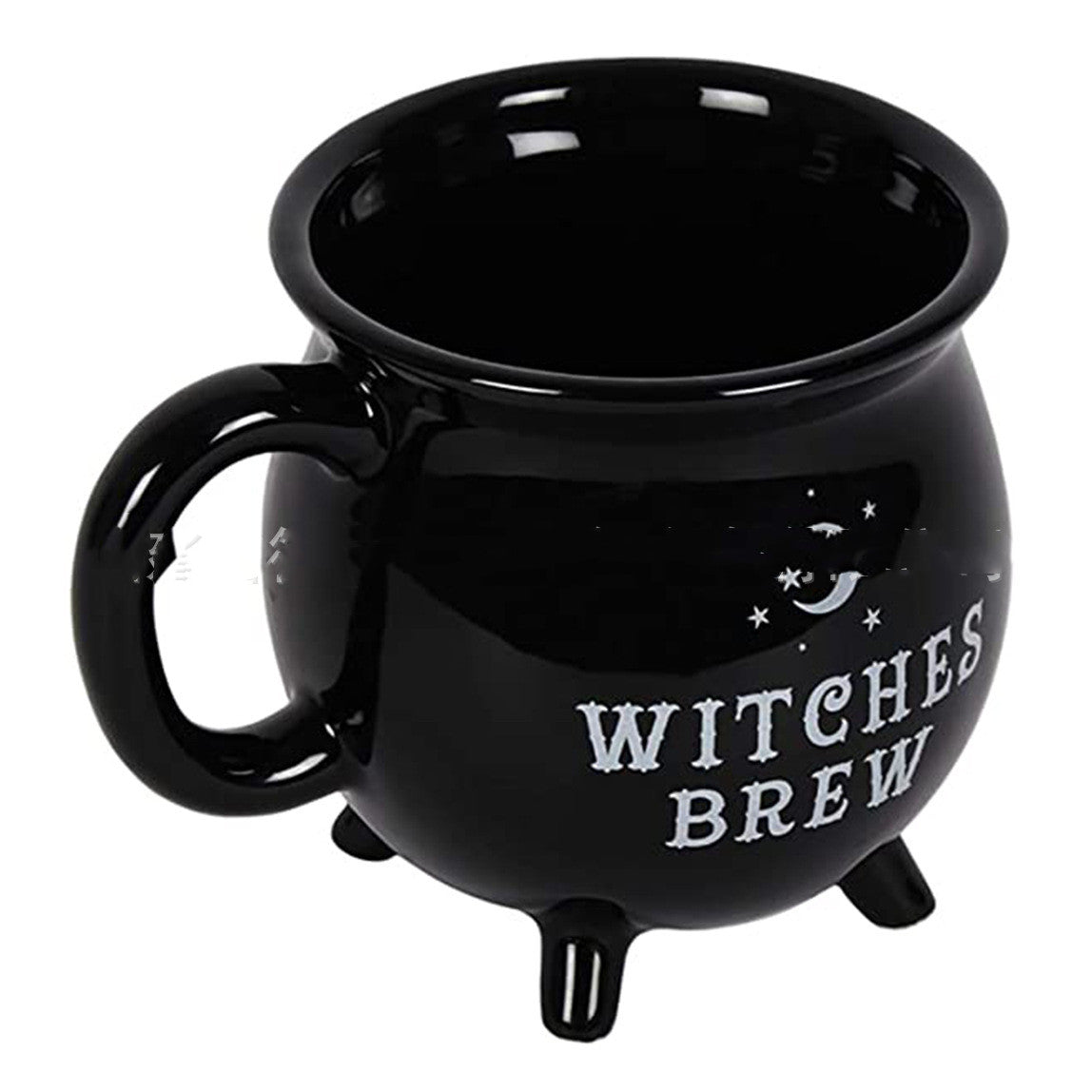 Black mug with 'Witches Brew' text on a white background