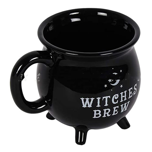 Black mug with 'Witches Brew' text on a white background