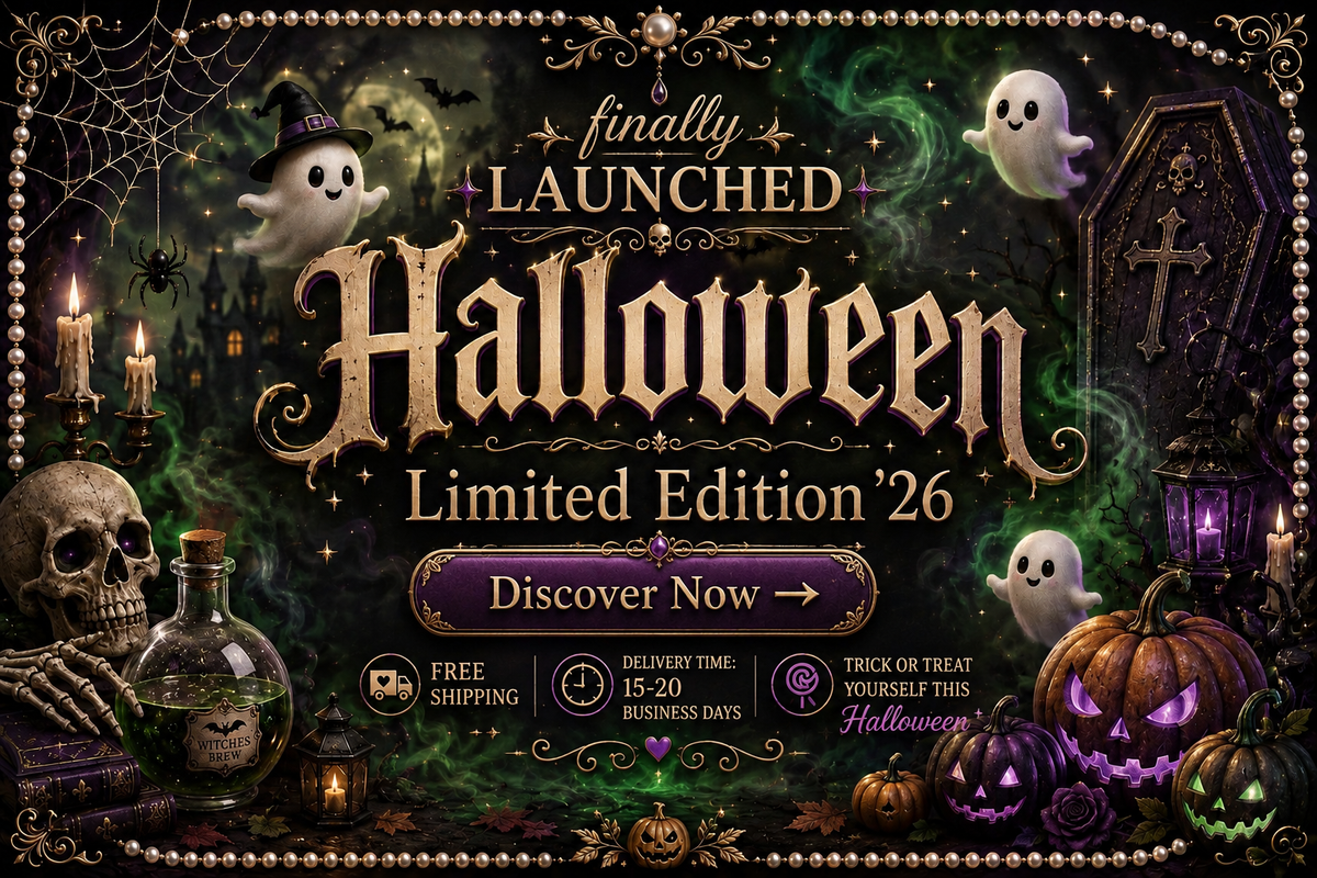 A Halloween-themed promotional graphic with the text 'finally LAUNCHED Halloween Limited Edition '26' and 'Discover Now,' surrounded by spooky illustrations including ghosts, pumpkins, a skull, a lantern, a potion bottle, and a coffin on a dark green background.