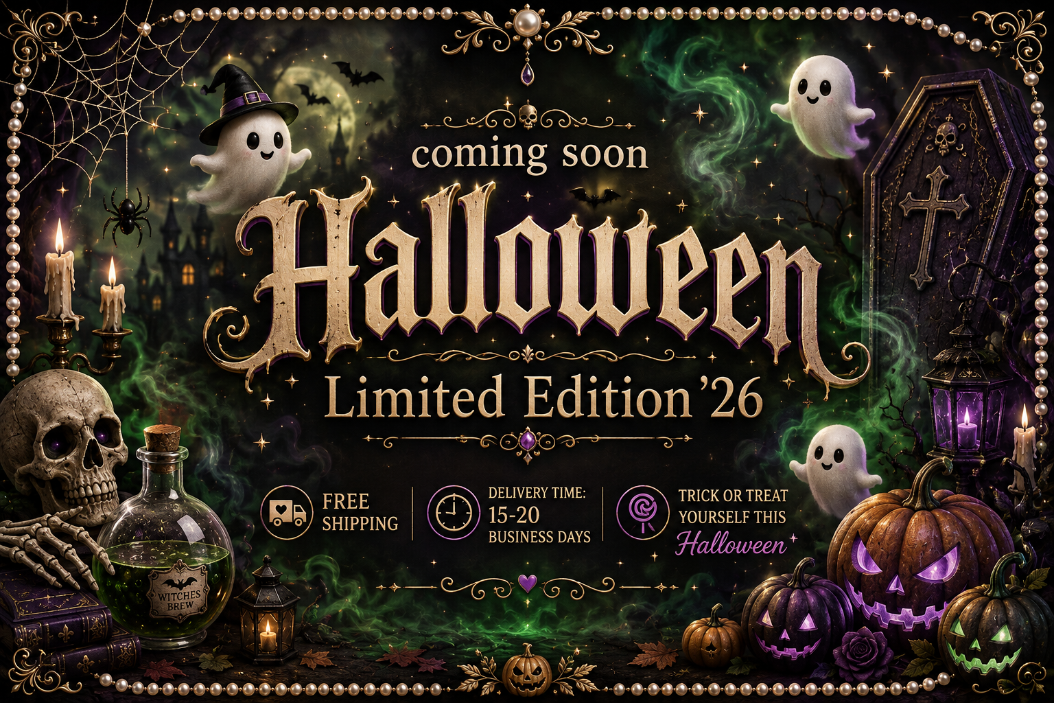 Halloween-themed promotional graphic with the text 'coming soon Halloween Limited Edition '26' in ornate lettering. The design includes ghosts, a skull, candles, a potion bottle, jack-o'-lanterns, a coffin, spiderwebs, and spooky green fog on a dark background.