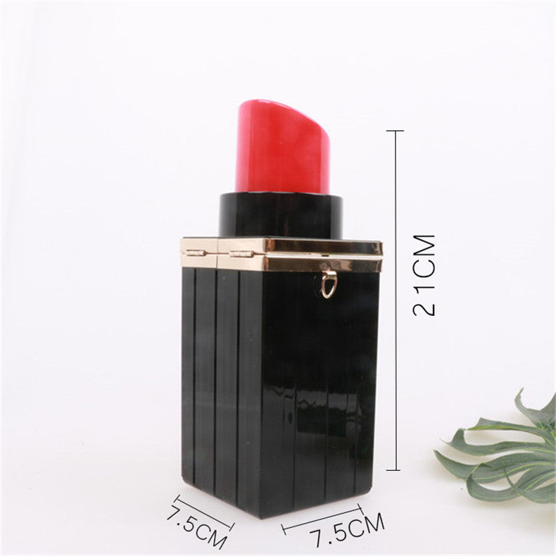 Red lipstick in a black case with dimensions on a white background