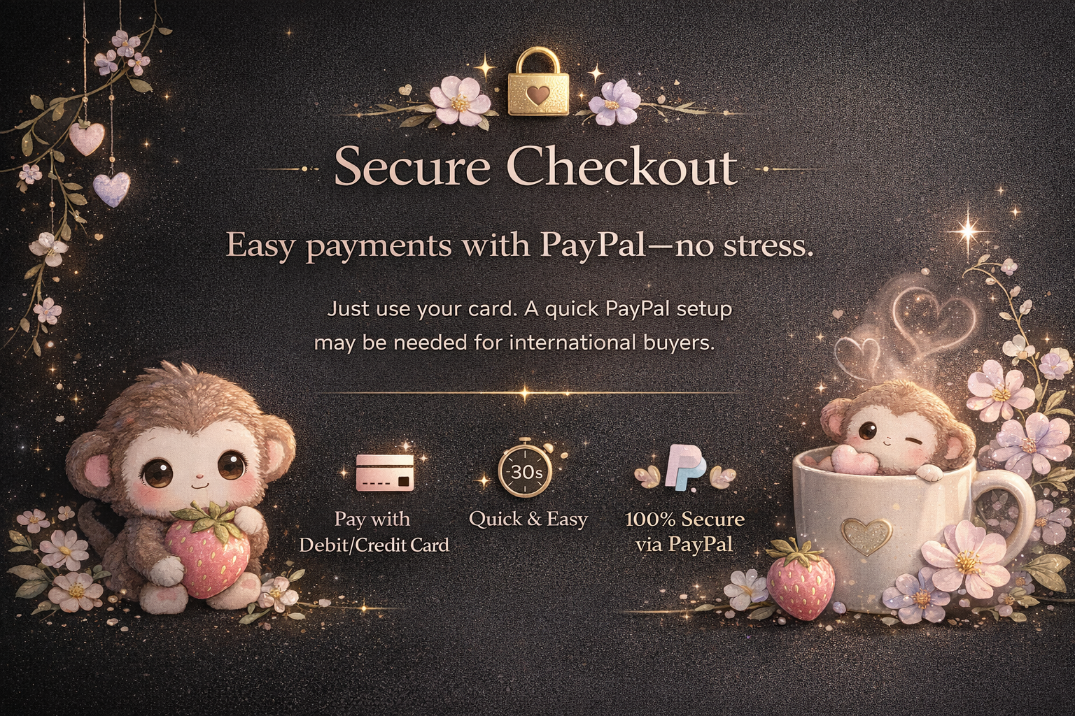 Advertisement for secure checkout with PayPal featuring cartoon monkeys and decorative elements.