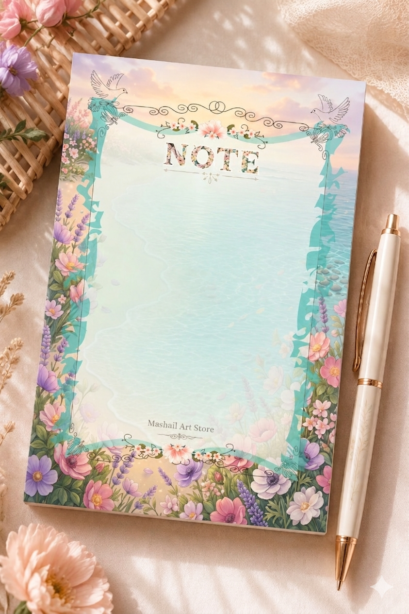 Floral notebook with a pen on a soft background